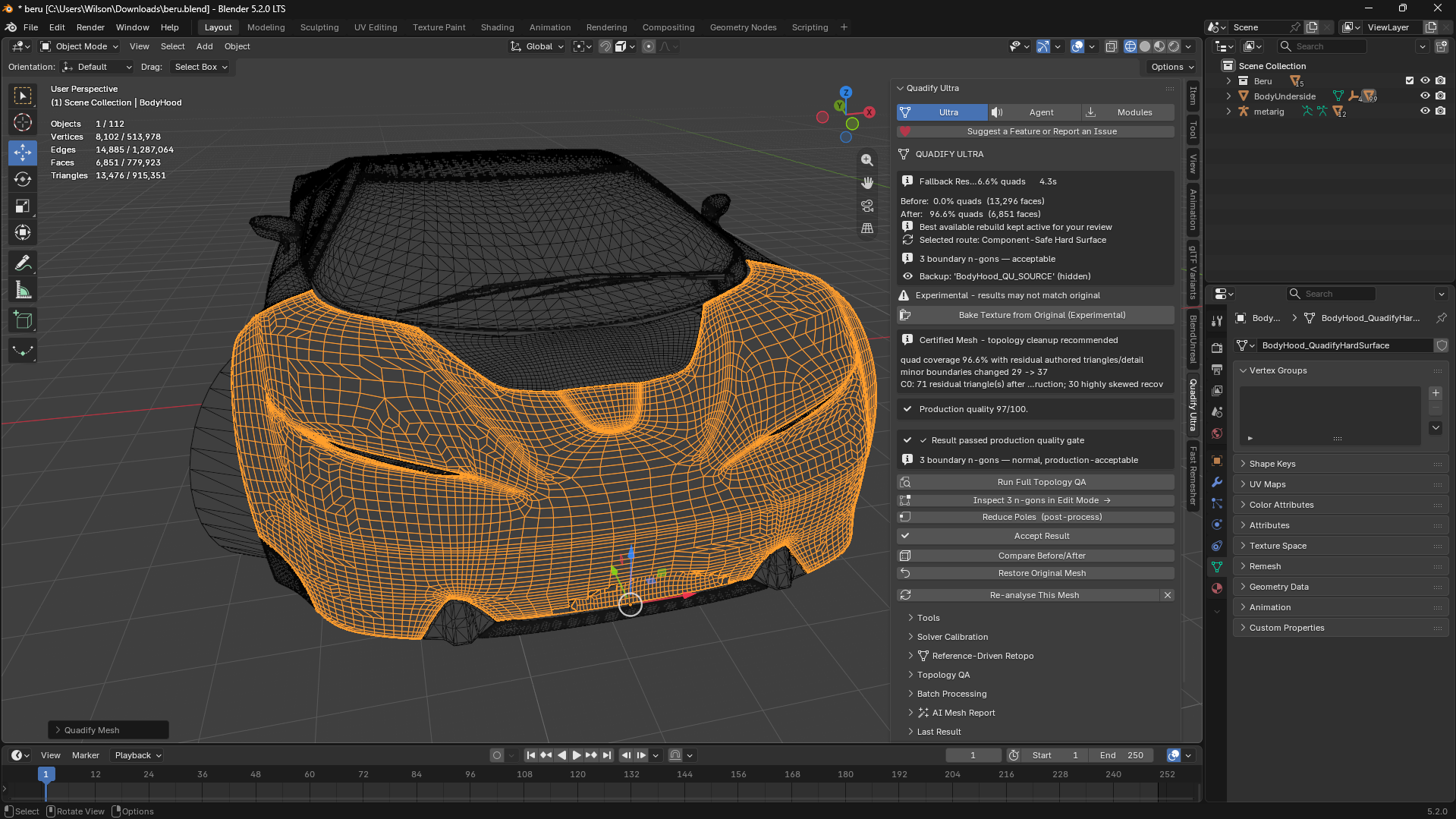 Quadify retopology interface in Blender