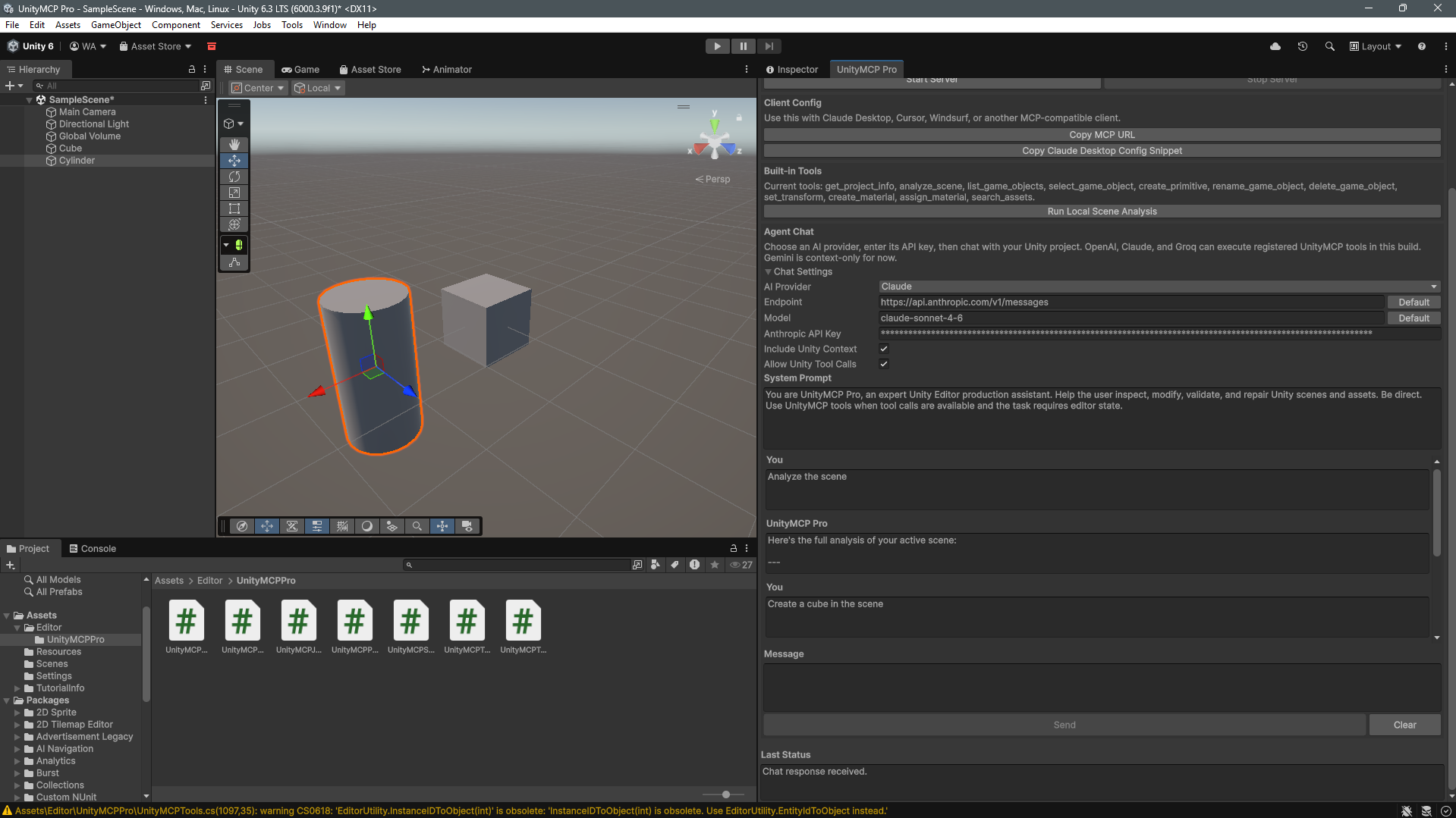 UnityMCP Pro interface in Unity
