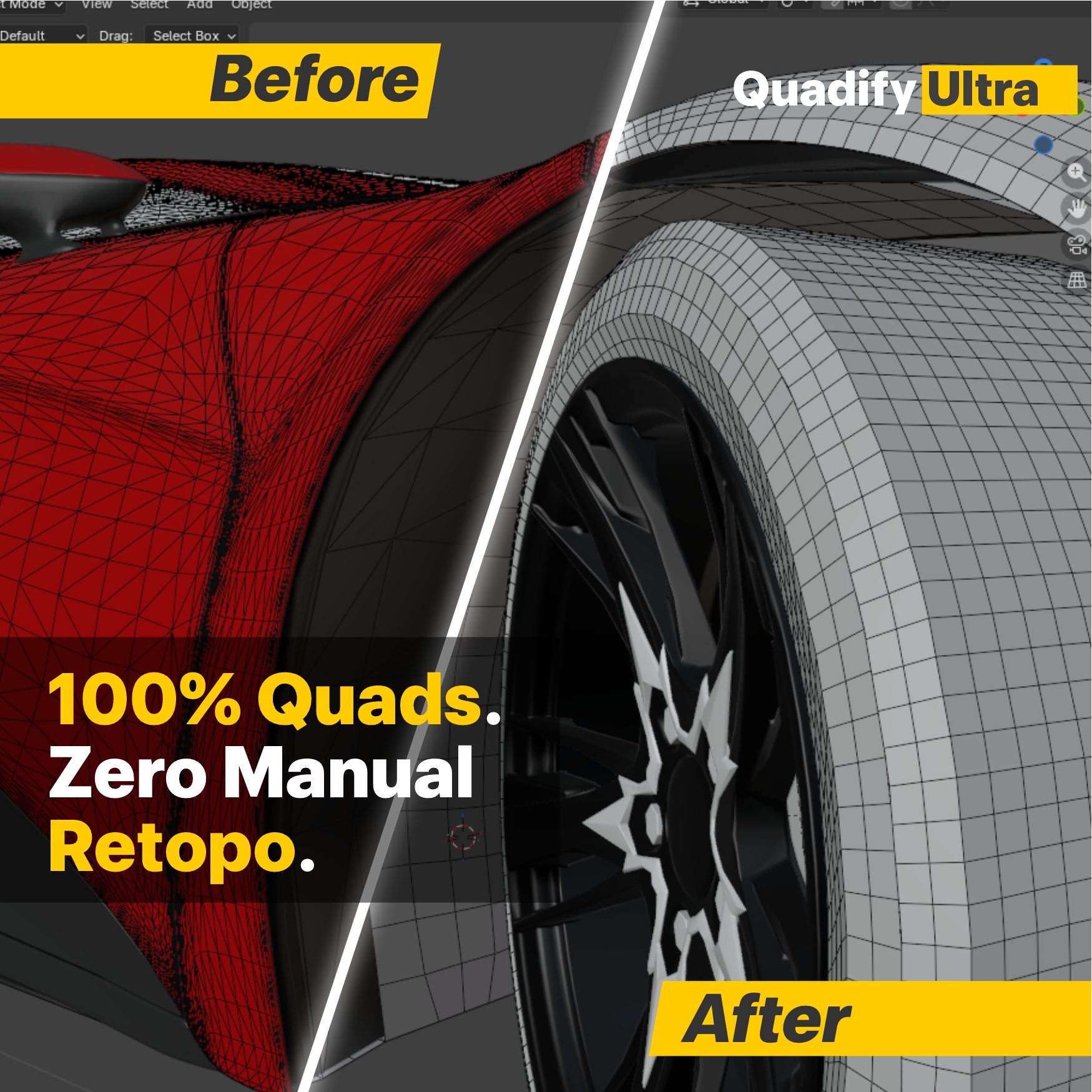 Before and after: messy triangle topology converted to clean quads by Quadify Ultra